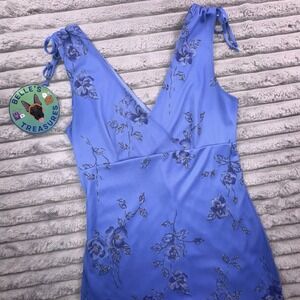 Byer Too! Medium Blue Floral Midi‎ Tank Babydoll Dress Glitter 90s Y2K Fairy VTG